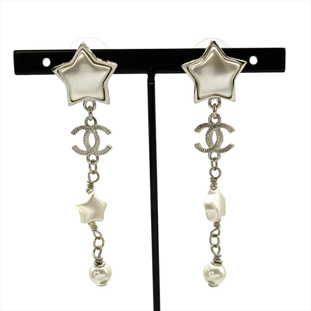 CHANEL Silver Pearl Logo Earrings